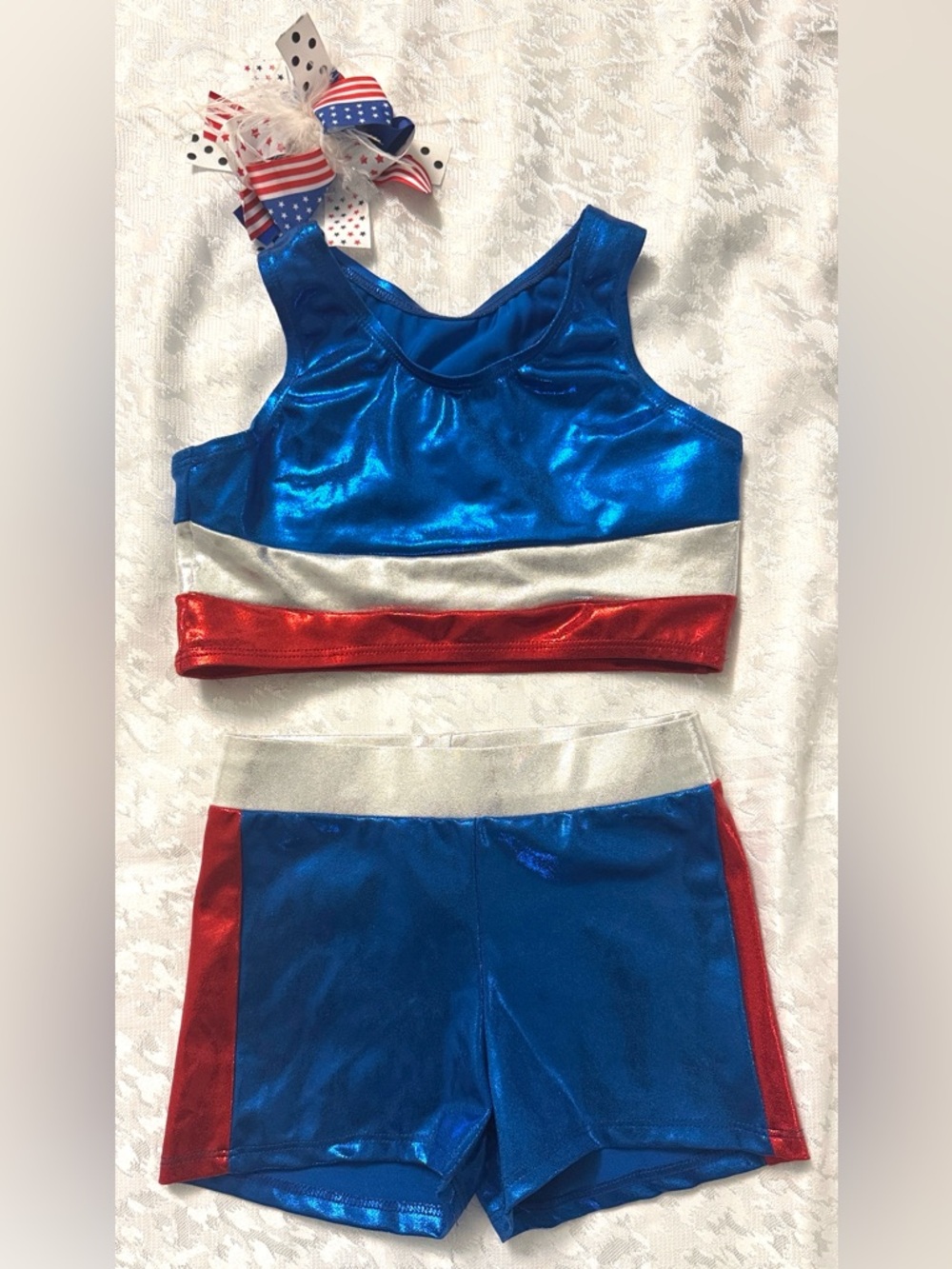 Red,Blue,White Metallic Patriotic Girl dance costume Set with hair piece. SizeLC